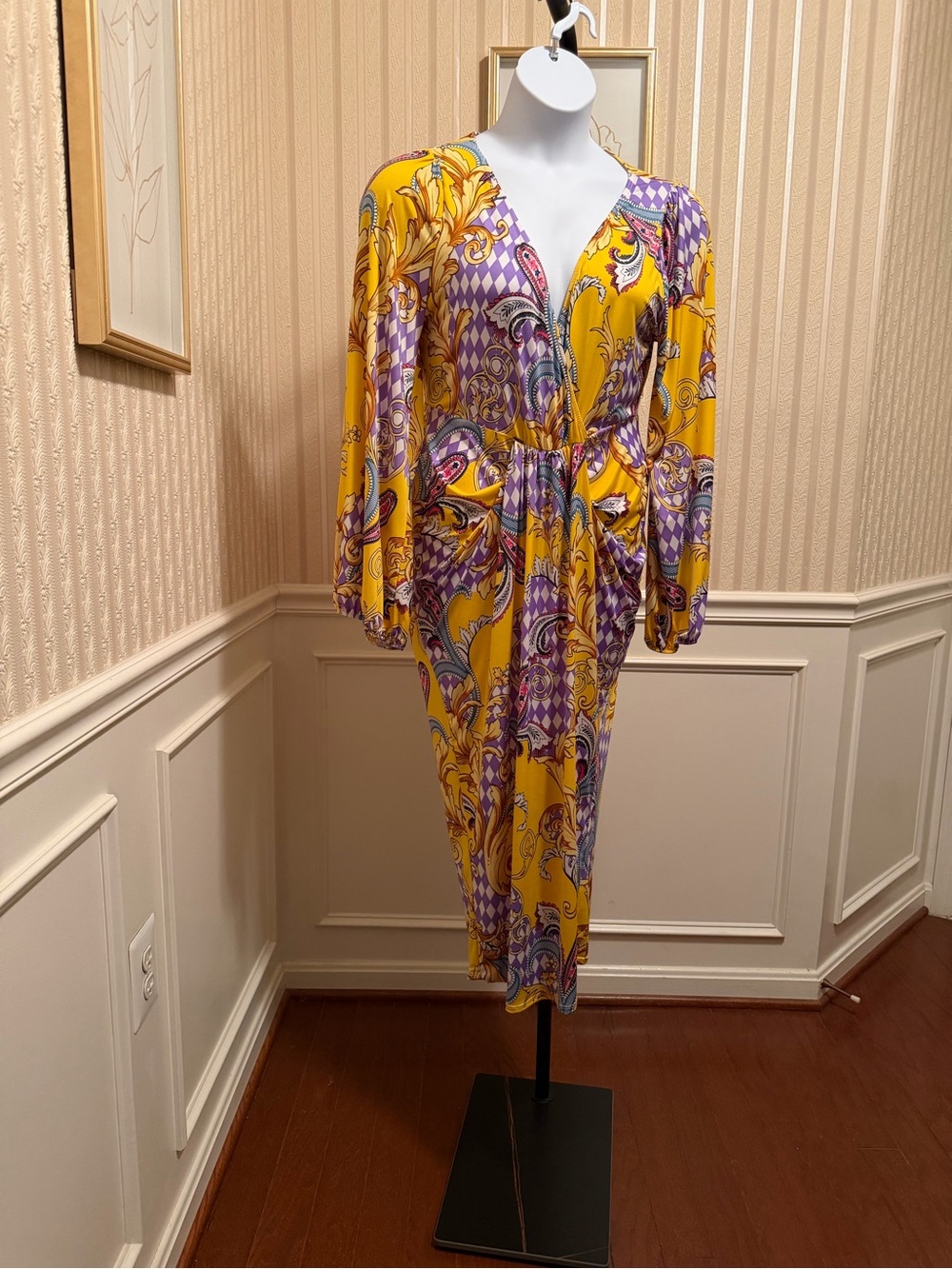 Vibrant Yellow & Purple Paisley Print Midi Dress New!! Hot Item!!